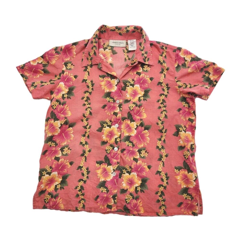 Lemon Grass Petite Linen Blend Hawaiian Pink Floral Top Women SZ Small Petite